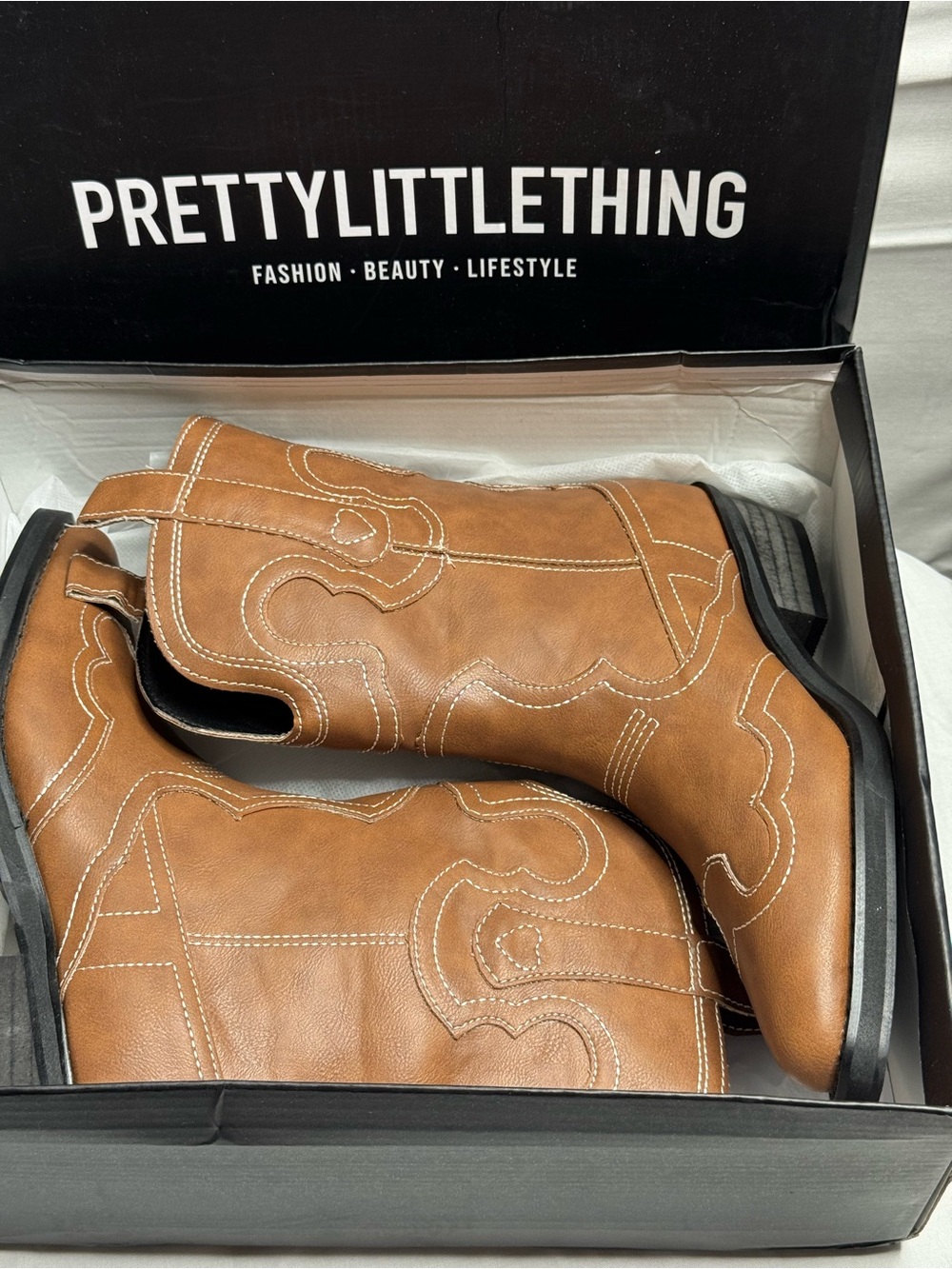 PrettyLittleThing Brown Western Ankle Boots with Contrast Stitching